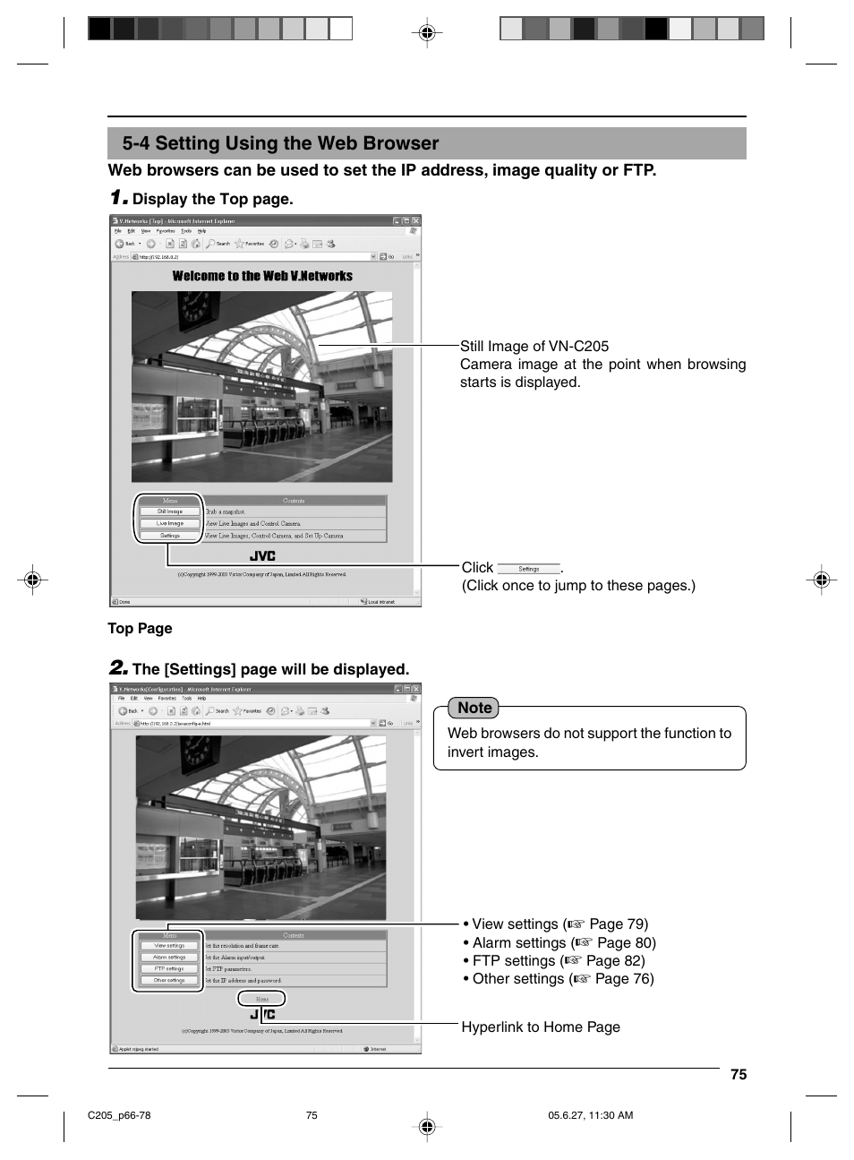 4 setting using the web browser, Settings | JVC VN-C205 User Manual | Page 75 / 90