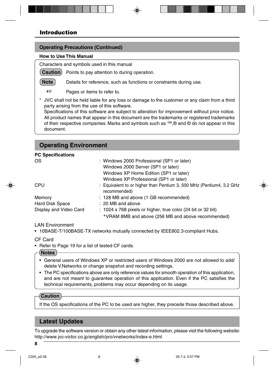 Operating environment, Latest updates, Operating environment latest updates | JVC VN-C205 User Manual | Page 8 / 90