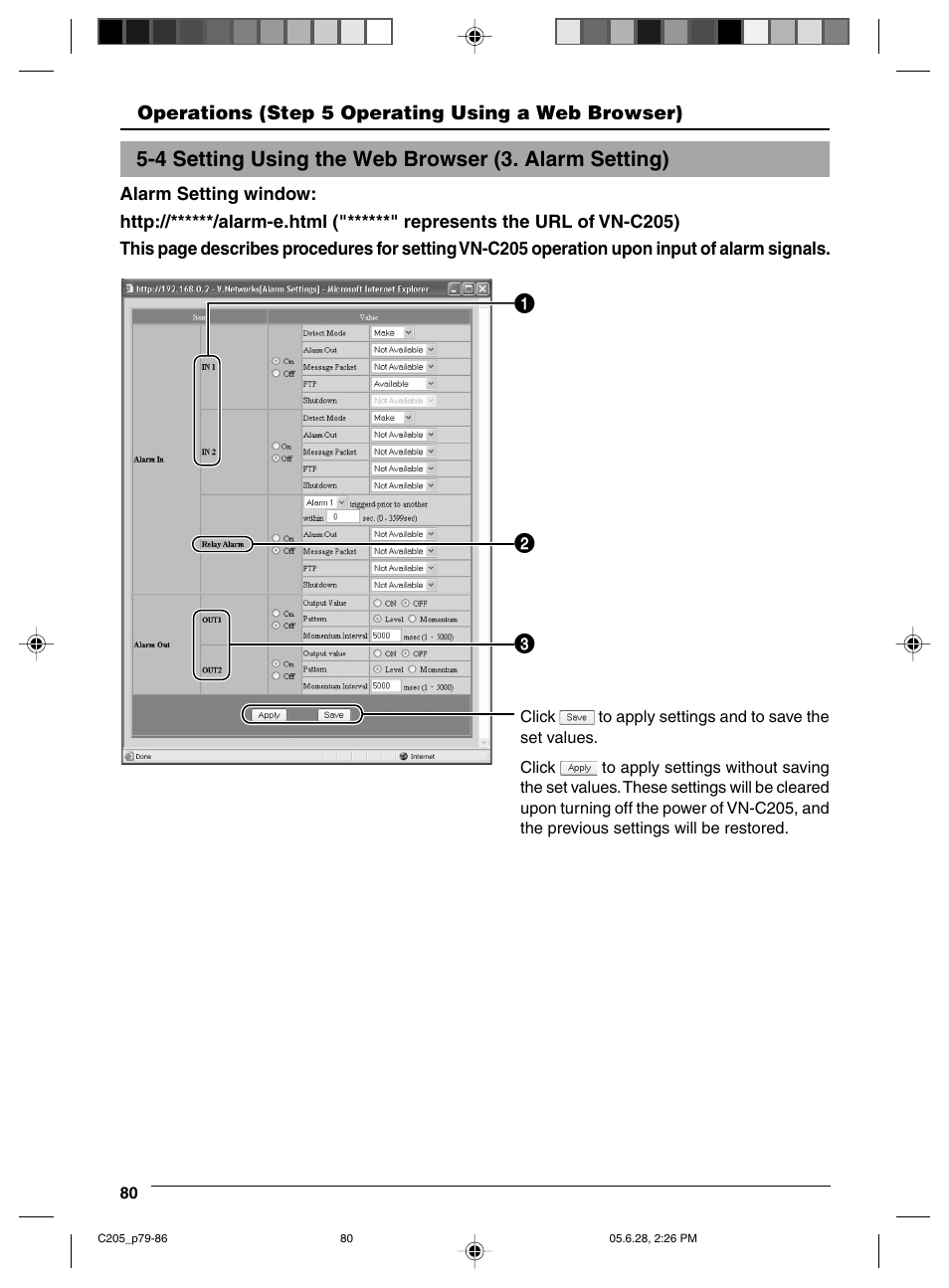 Alarm setting, M settings, 4 setting using the web browser (3. alarm setting) | JVC VN-C205 User Manual | Page 80 / 90