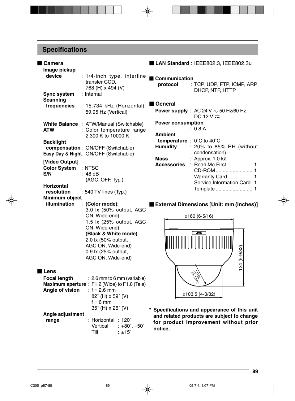 Specifications | JVC VN-C205 User Manual | Page 89 / 90