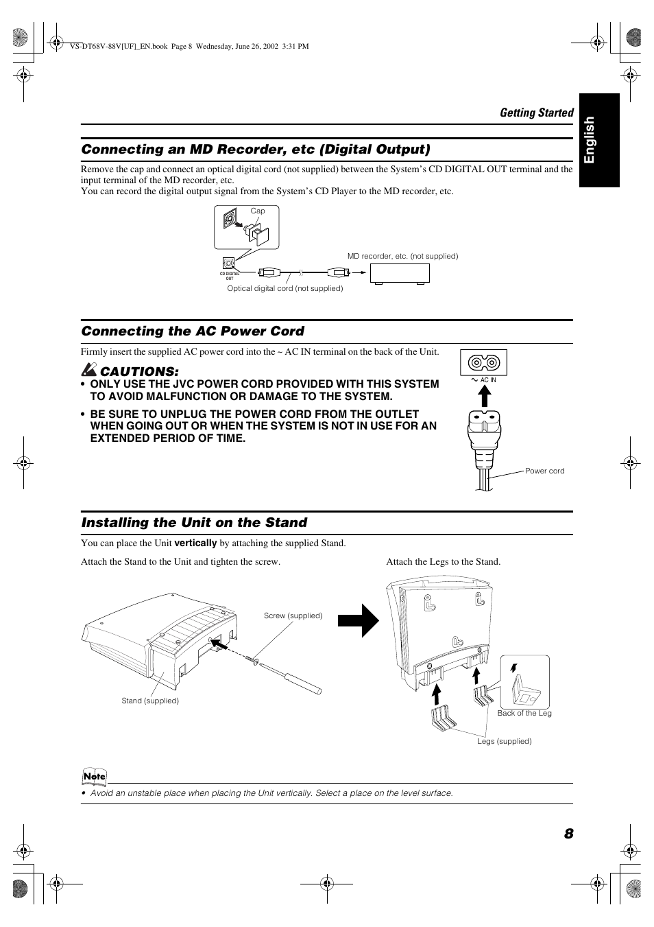 Connecting the ac power cord, Installing the unit on the stand, Cautions | JVC VS-DT88V User Manual | Page 11 / 36