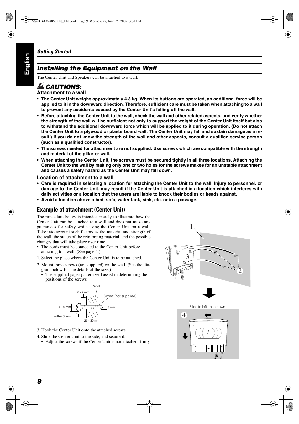 Englis h installing the equipment on the wall, Example of attachment (center unit) | JVC VS-DT88V User Manual | Page 12 / 36