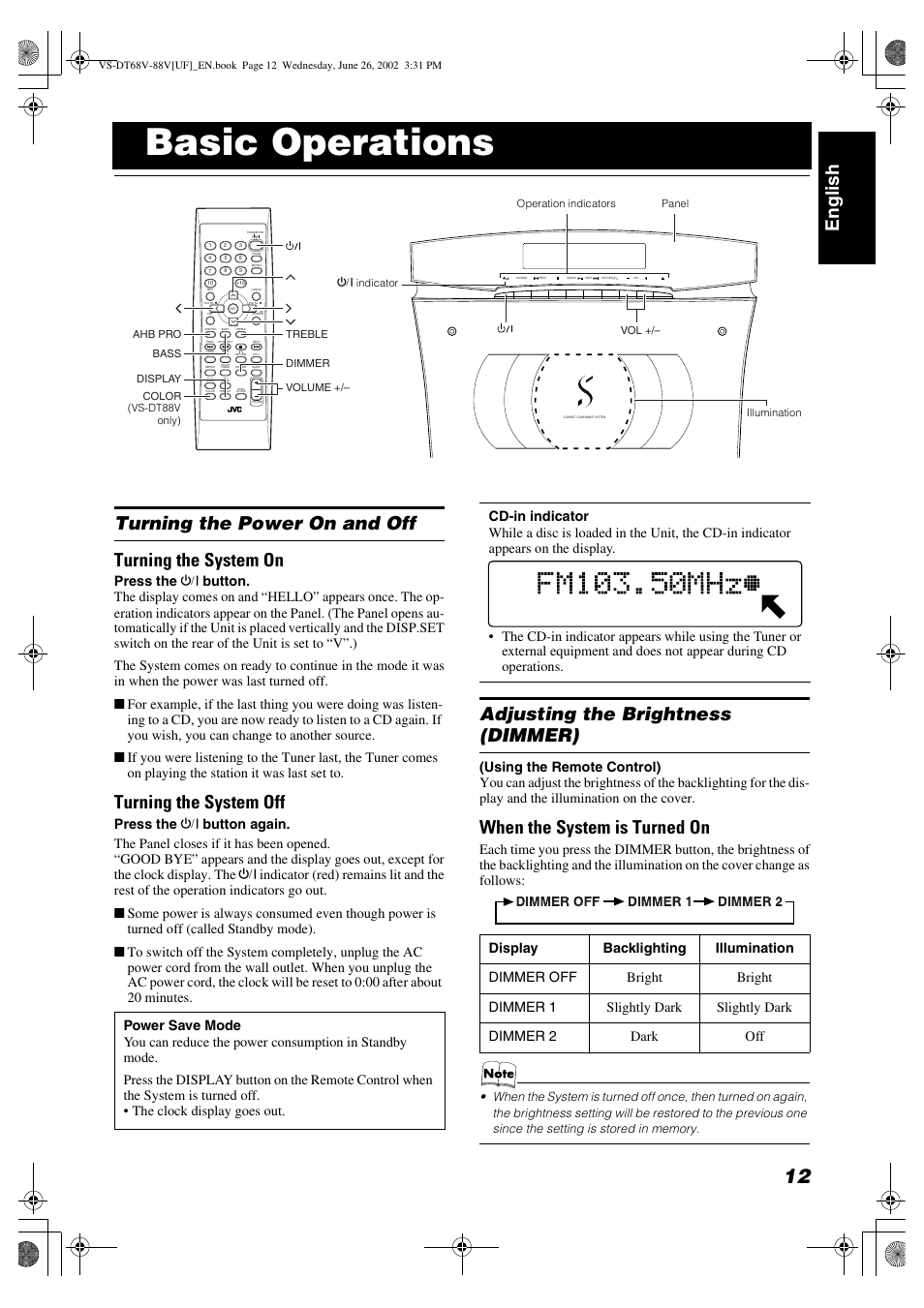 Basic operations, Englis h, Turning the power on and off turning the system on | Turning the system off, Adjusting the brightness (dimmer), When the system is turned on | JVC VS-DT88V User Manual | Page 15 / 36