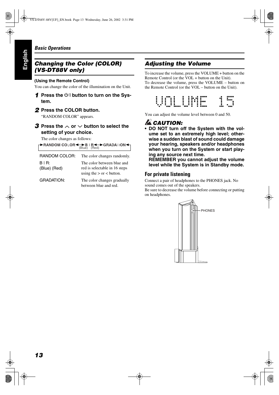 Adjusting the volume, For private listening | JVC VS-DT88V User Manual | Page 16 / 36