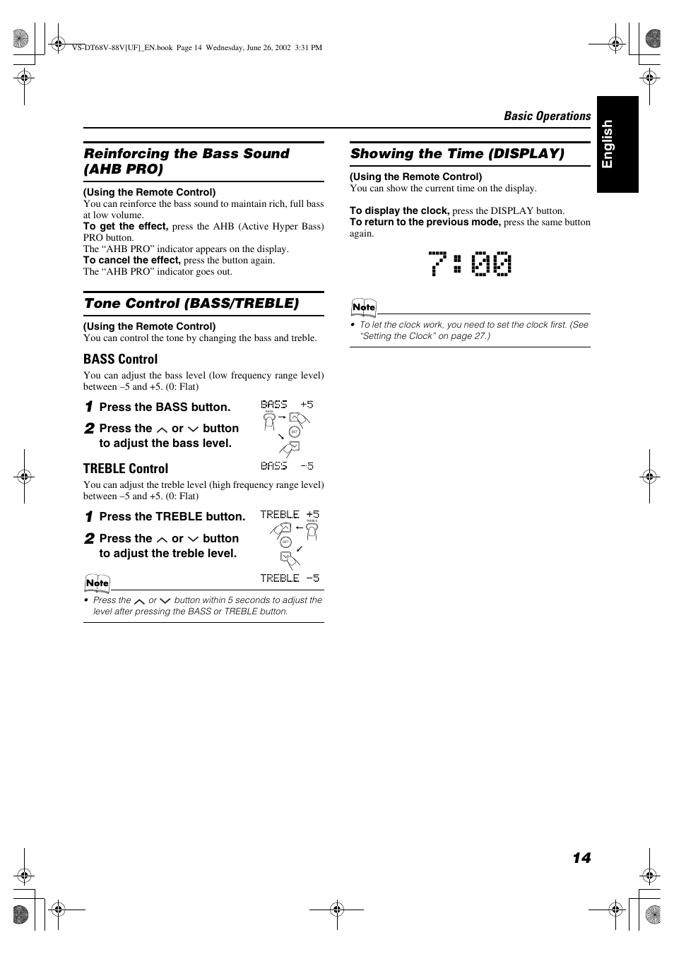 Englis h reinforcing the bass sound (ahb pro), Tone control (bass/treble), Bass control | Treble control, Showing the time (display) | JVC VS-DT88V User Manual | Page 17 / 36