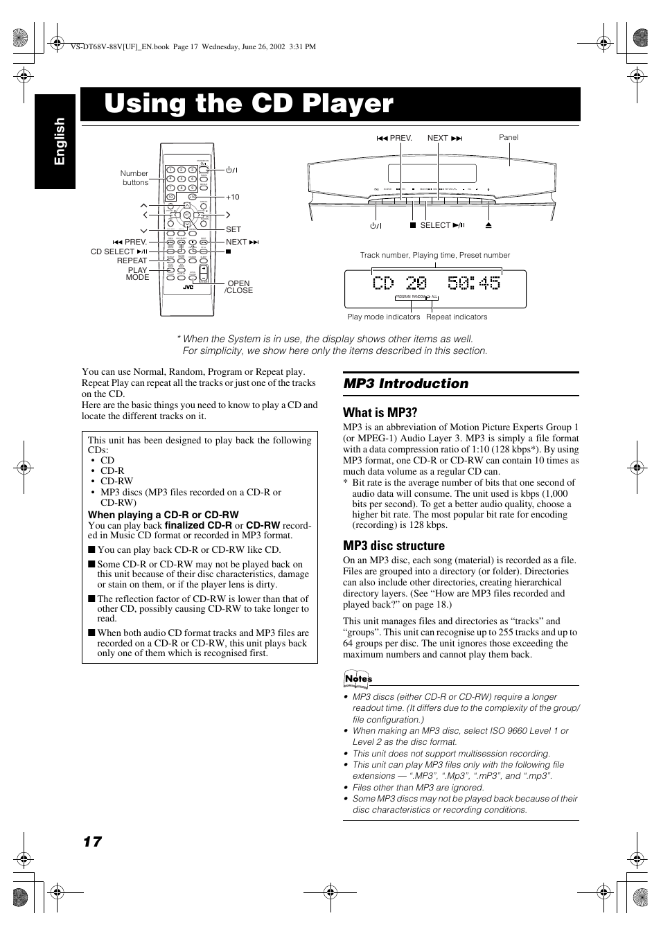 Using the cd player, Englis h, Mp3 introduction what is mp3 | Mp3 disc structure | JVC VS-DT88V User Manual | Page 20 / 36