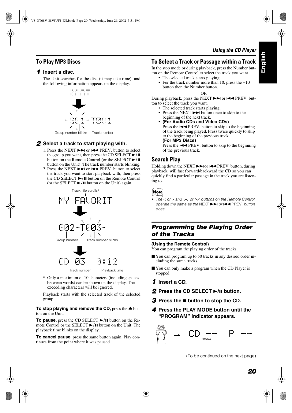 Englis h to play mp3 discs, Search play, Programming the playing order of the tracks | JVC VS-DT88V User Manual | Page 23 / 36