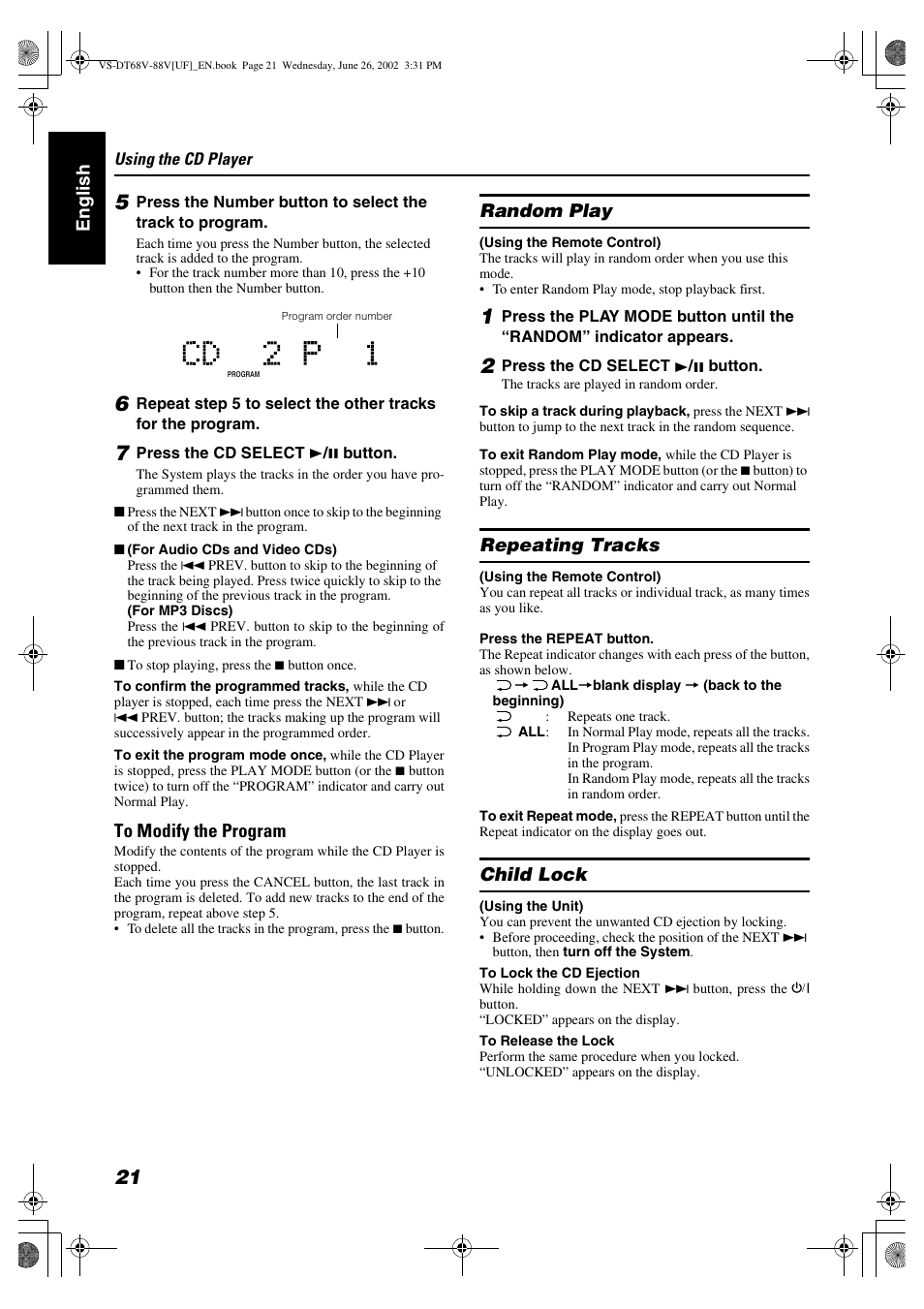 Englis h, Random play, Repeating tracks | Child lock | JVC VS-DT88V User Manual | Page 24 / 36