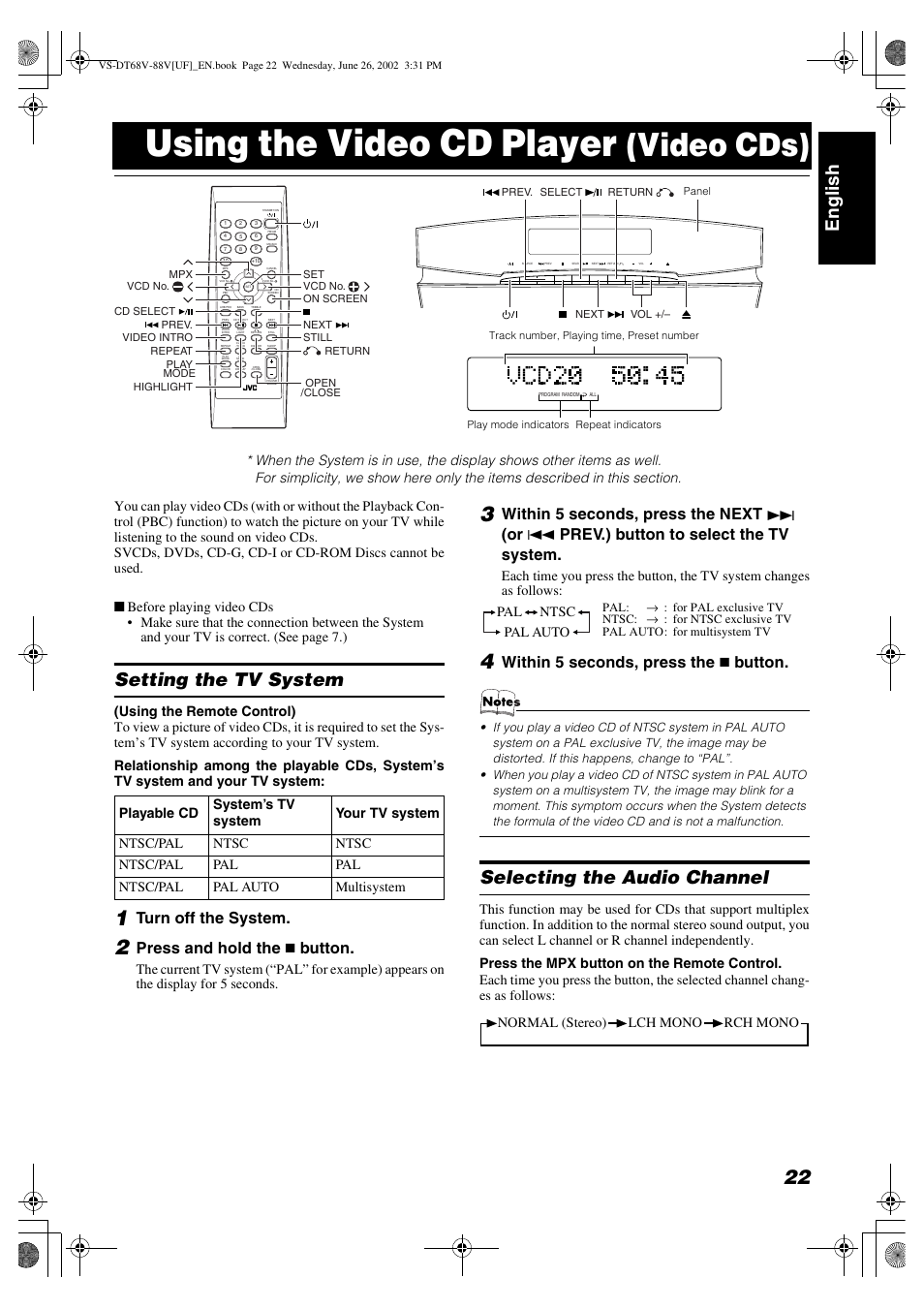 Using the video cd player (video cds), Using the video cd player, Video cds) | Englis h, Setting the tv system, Selecting the audio channel, Turn off the system, Press and hold the, Button, Within 5 seconds, press the | JVC VS-DT88V User Manual | Page 25 / 36