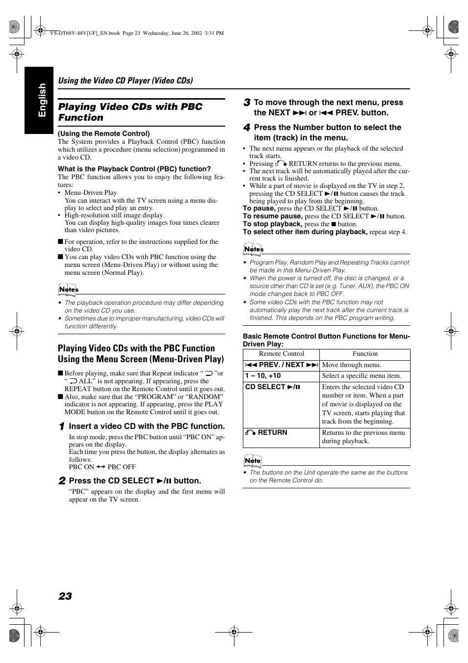 Englis h playing video cds with pbc function | JVC VS-DT88V User Manual | Page 26 / 36