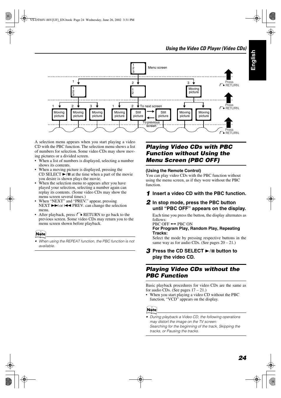 Englis h, Playing video cds without the pbc function, Using the video cd player (video cds) | JVC VS-DT88V User Manual | Page 27 / 36