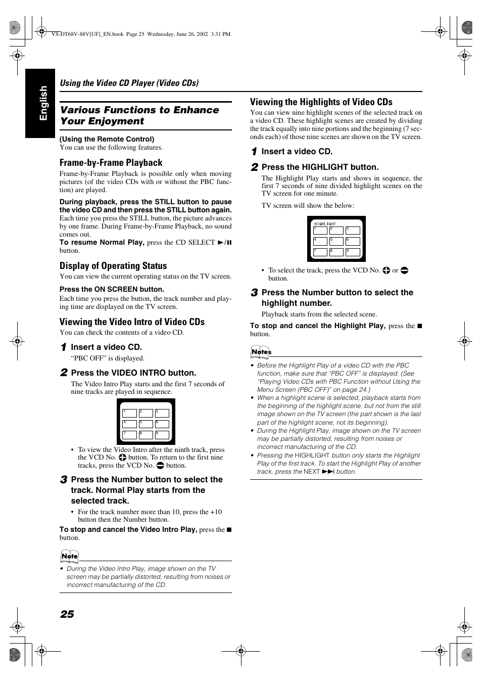 Frame-by-frame playback, Display of operating status, Viewing the video intro of video cds | Viewing the highlights of video cds, Using the video cd player (video cds) | JVC VS-DT88V User Manual | Page 28 / 36