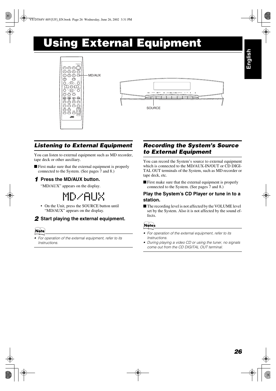 Using external equipment, Englis h, Listening to external equipment | Press the md/aux button, Start playing the external equipment, Md/aux | JVC VS-DT88V User Manual | Page 29 / 36
