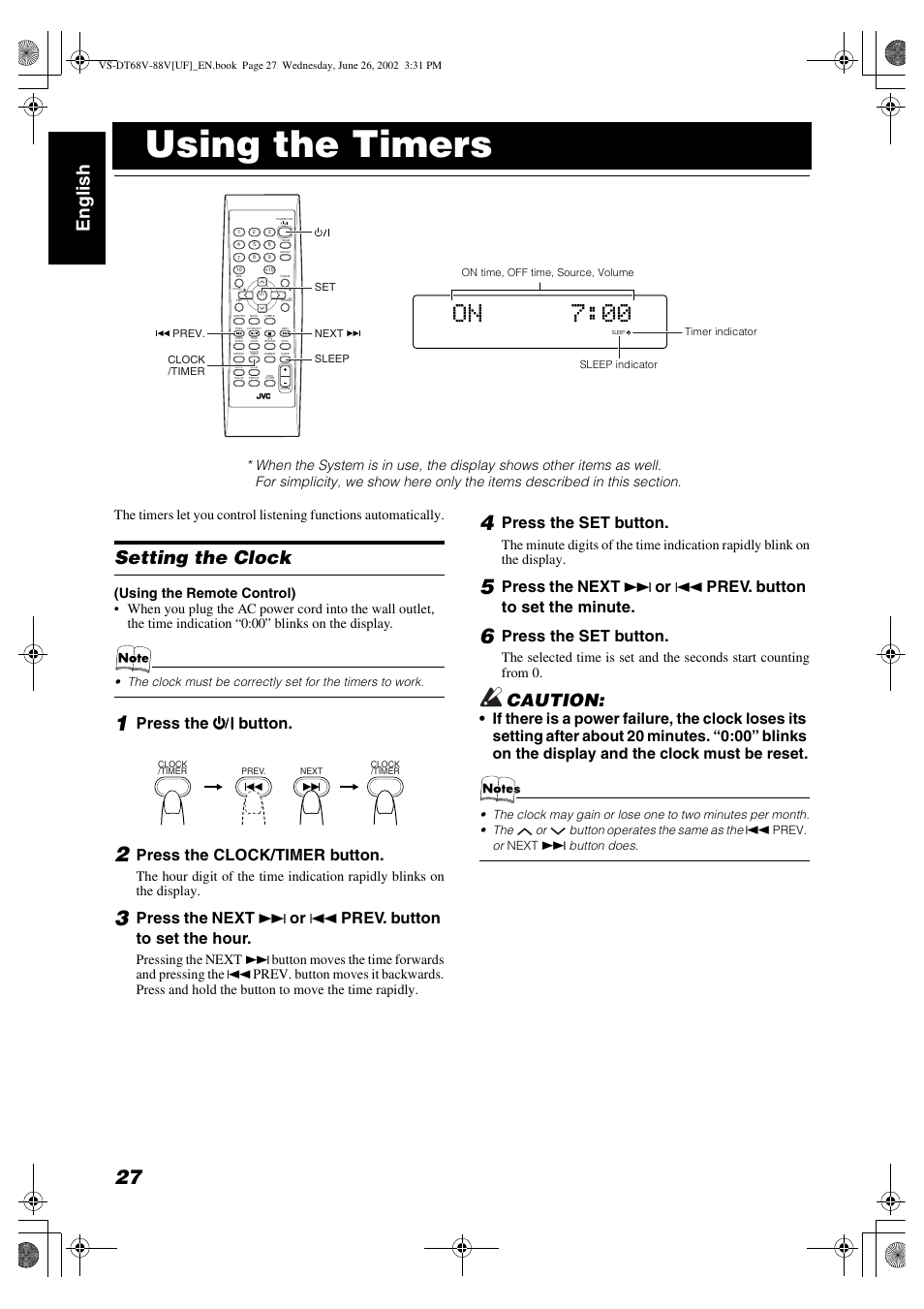 Using the timers, Englis h, Setting the clock | Caution, Press the % % % % button, Press the clock/timer button, Press the next ¢ or 4 prev. button to set the hour, Press the set button | JVC VS-DT88V User Manual | Page 30 / 36