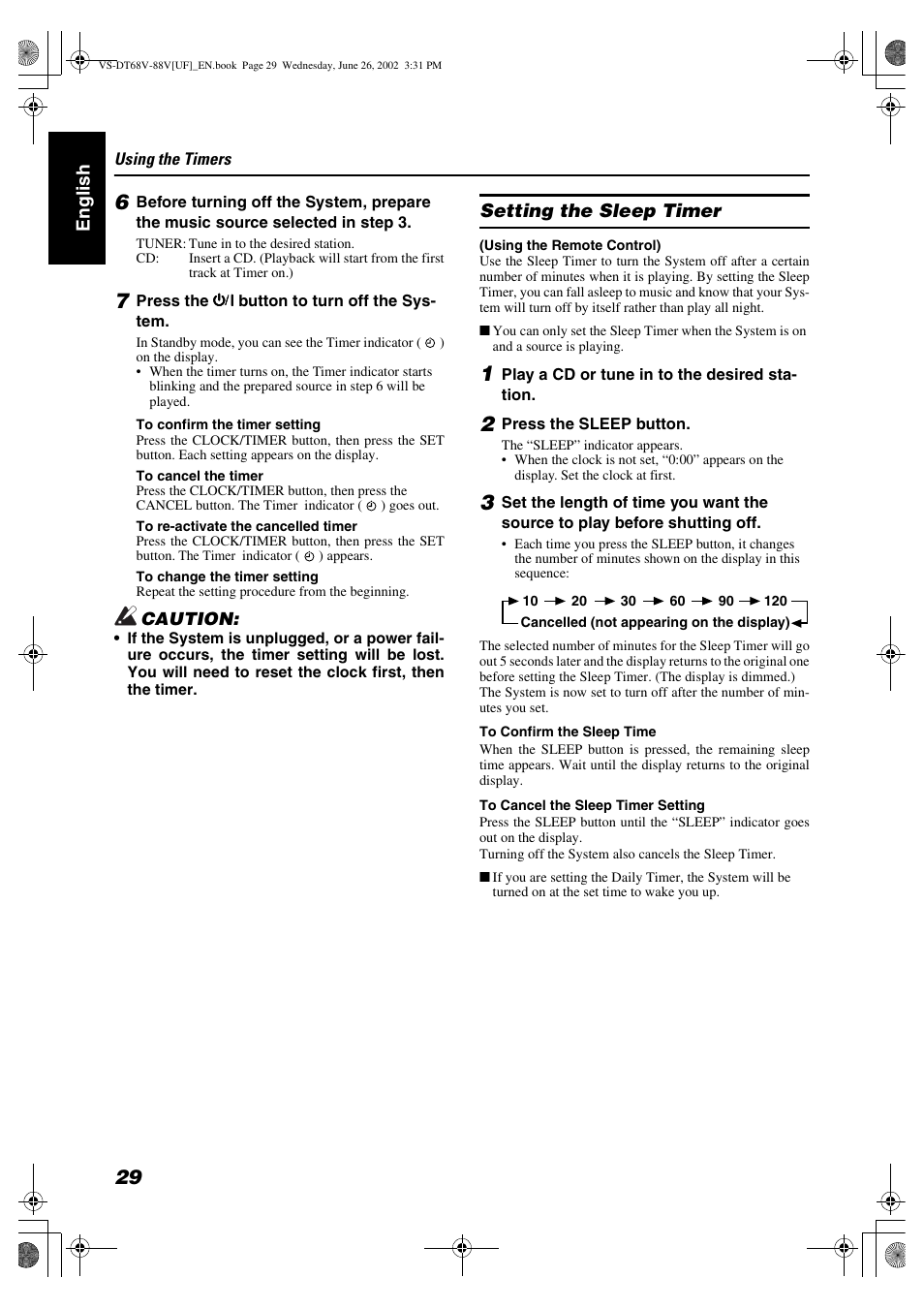 Englis h, Setting the sleep timer | JVC VS-DT88V User Manual | Page 32 / 36