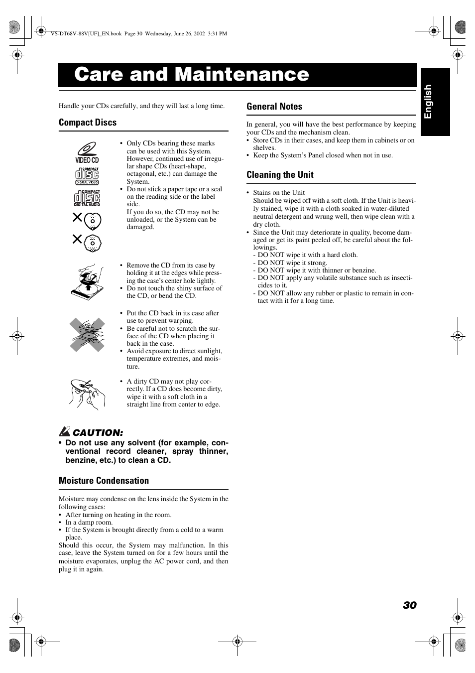 Care and maintenance, Englis h, Compact discs | Moisture condensation, Cleaning the unit | JVC VS-DT88V User Manual | Page 33 / 36
