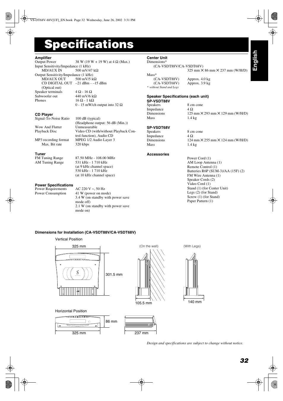 Specifications, Englis h | JVC VS-DT88V User Manual | Page 35 / 36