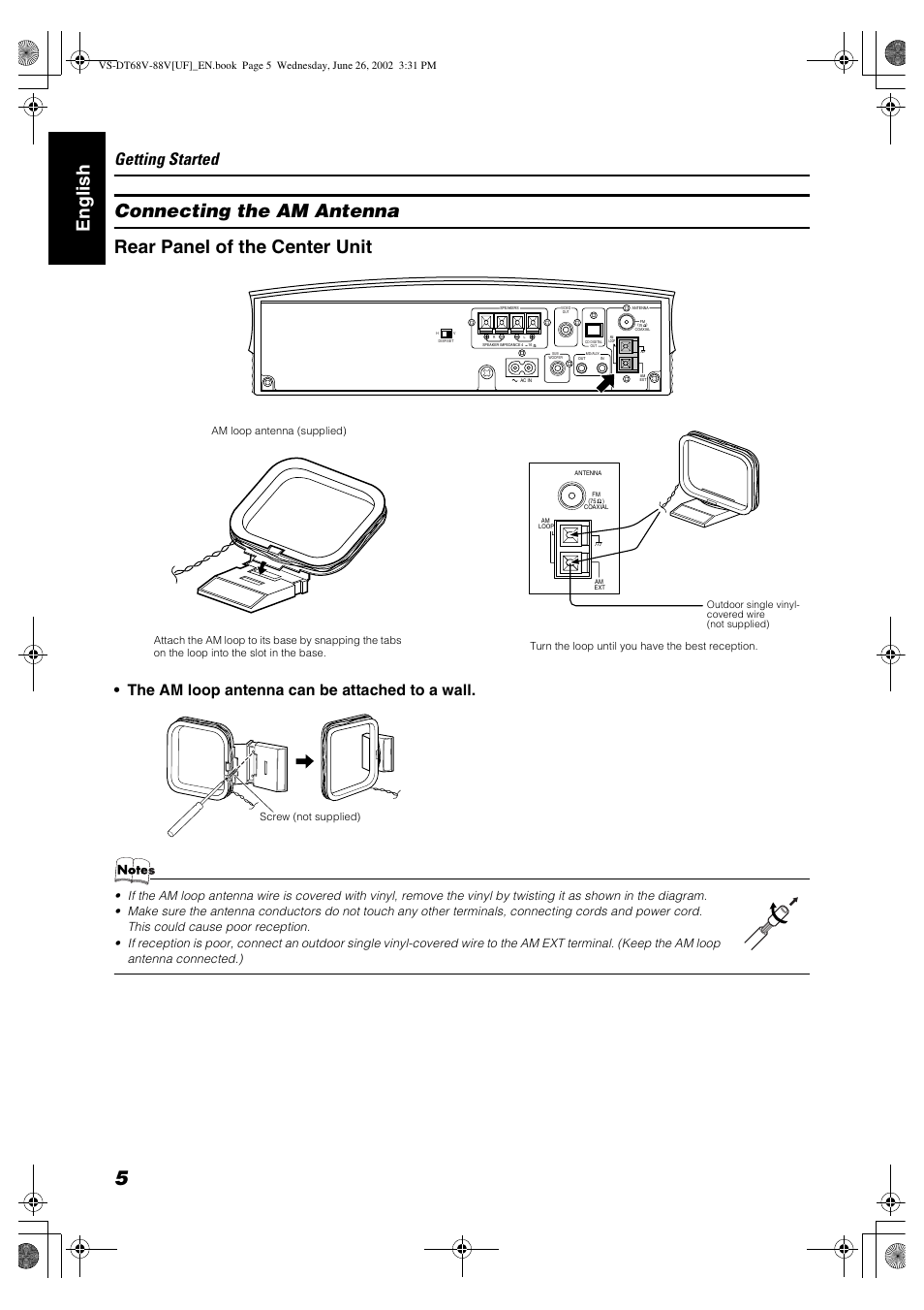 Getting started, The am loop antenna can be attached to a wall, Turn the loop until you have the best reception | JVC VS-DT88V User Manual | Page 8 / 36