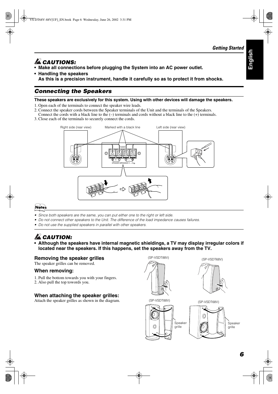 Englis h, Connecting the speakers, Cautions | Caution, Getting started, Removing the speaker grilles, When removing, When attaching the speaker grilles | JVC VS-DT88V User Manual | Page 9 / 36