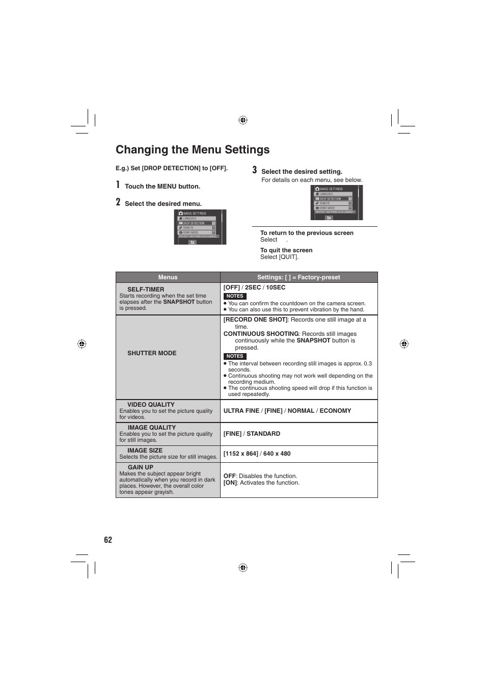 Menu settings, Changing the menu settings | JVC Everio GZ-MG465 User Manual | Page 138 / 228
