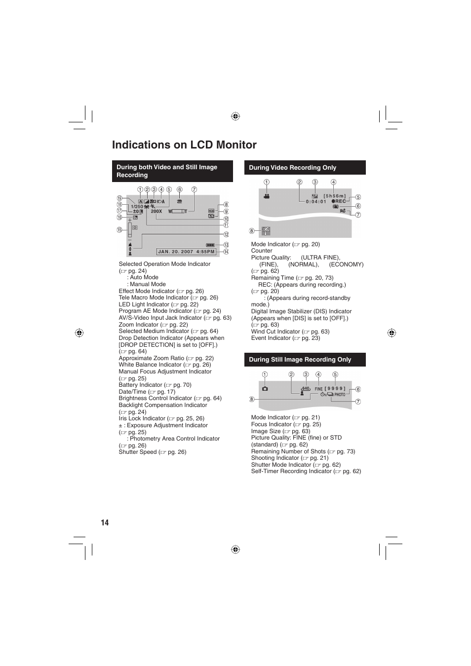 Indications on lcd monitor | JVC Everio GZ-MG465 User Manual | Page 14 / 228