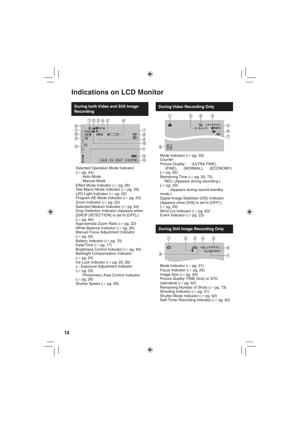 Indications on lcd monitor | JVC Everio GZ-MG465 User Manual | Page 166 / 228