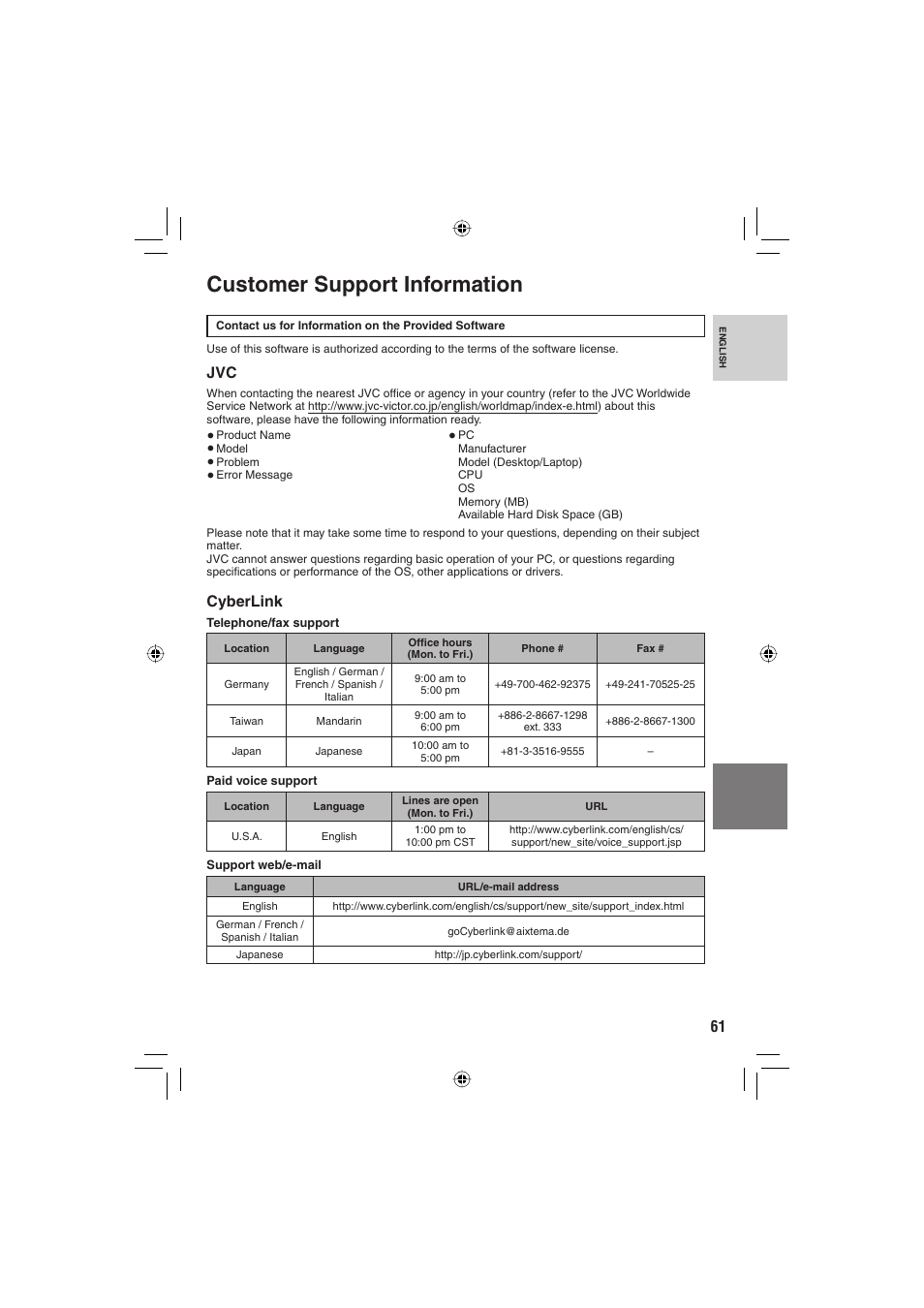 Customer support information, Cyberlink | JVC Everio GZ-MG465 User Manual | Page 213 / 228