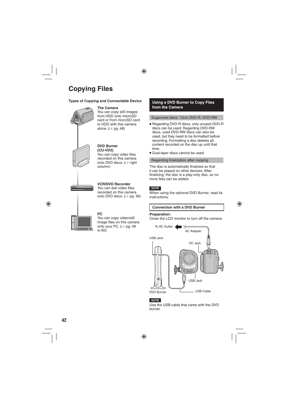 Copying, Copying files | JVC Everio GZ-MG465 User Manual | Page 42 / 228
