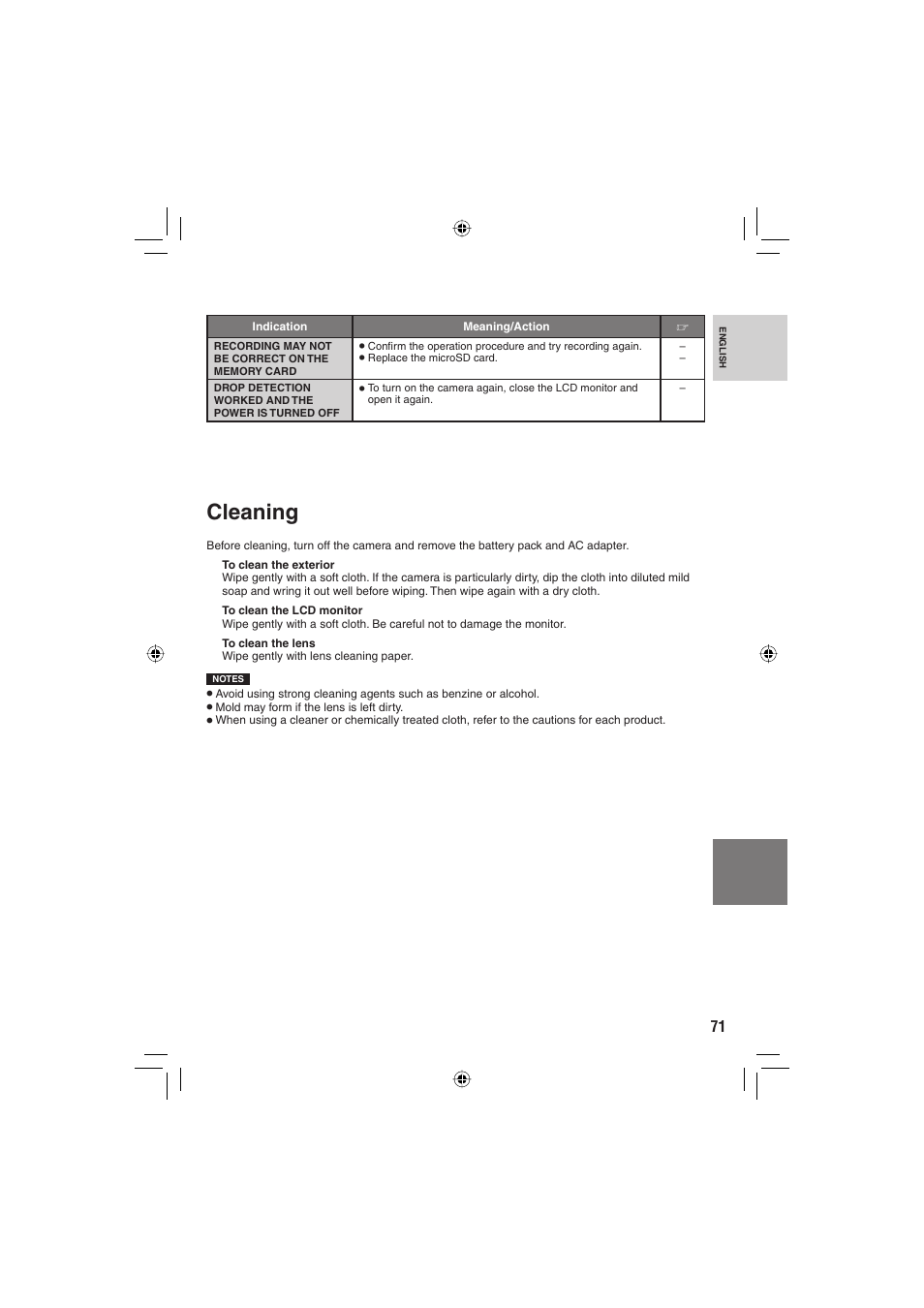 Cleaning | JVC Everio GZ-MG465 User Manual | Page 71 / 228