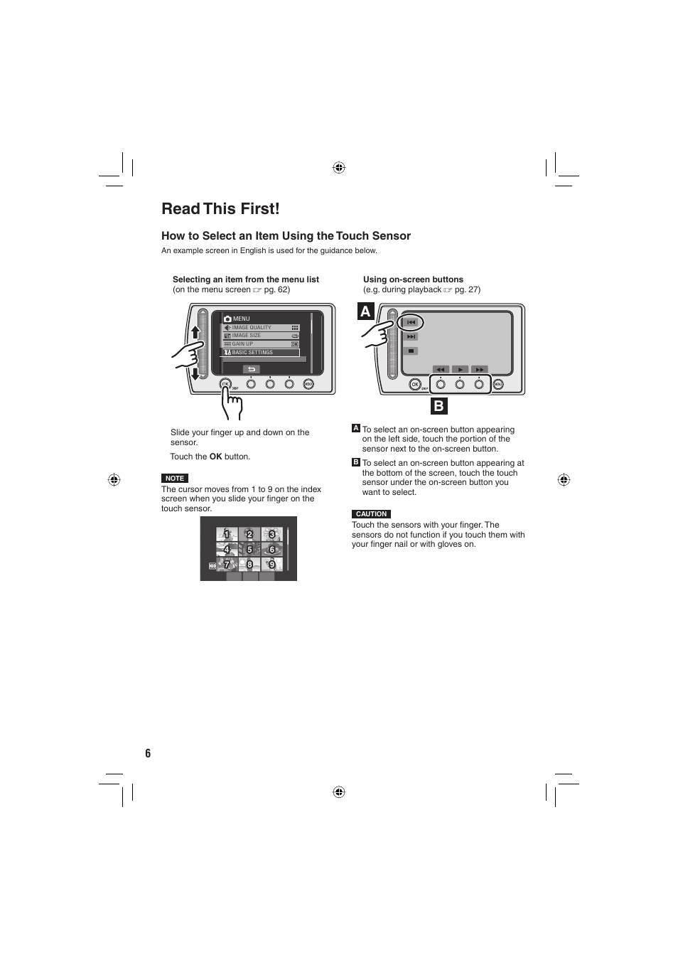 Read this first, How to select an item using the touch sensor | JVC Everio GZ-MG465 User Manual | Page 82 / 228