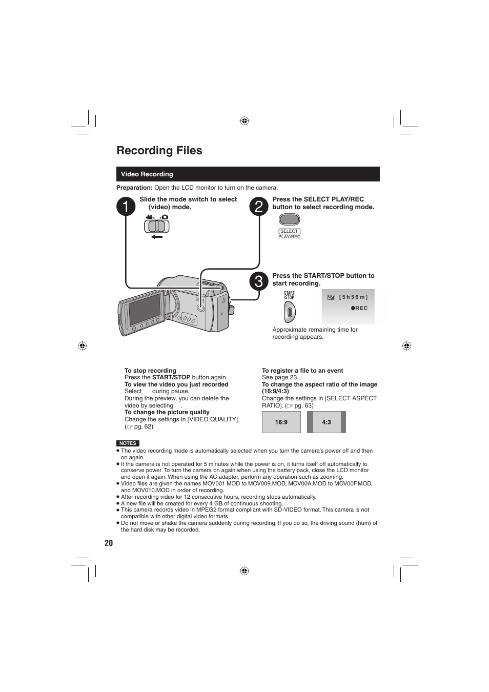 Recording, Recording files | JVC Everio GZ-MG465 User Manual | Page 96 / 228
