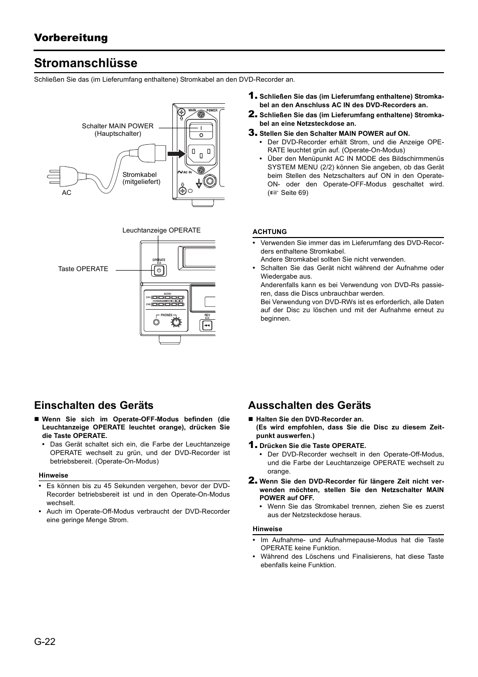 Stromanschlüsse, Vorbereitung, Einschalten des geräts | Ausschalten des geräts | JVC BD-X201MS User Manual | Page 105 / 498