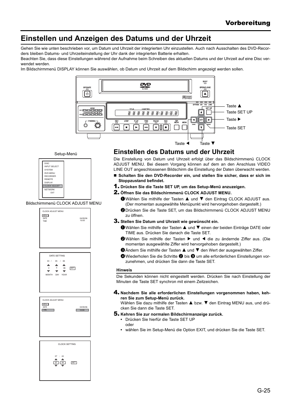 Einstellen und anzeigen des datums und der uhrzeit, Vorbereitung, Einstellen des datums und der uhrzeit | G-25 | JVC BD-X201MS User Manual | Page 108 / 498