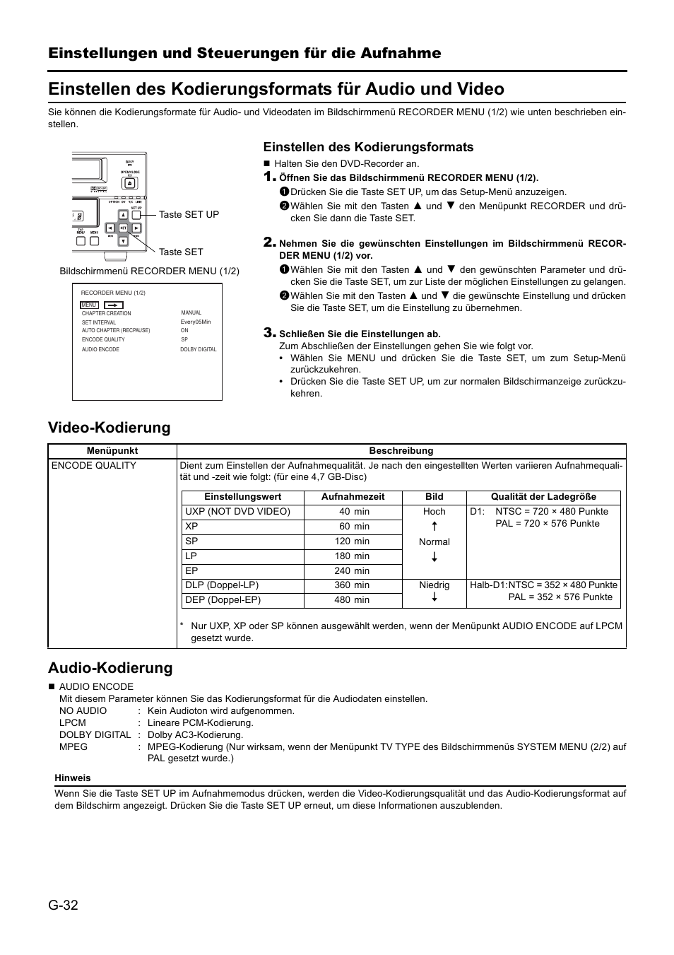 Einstellungen und steuerungen für die aufnahme, Video-kodierung audio-kodierung | JVC BD-X201MS User Manual | Page 115 / 498
