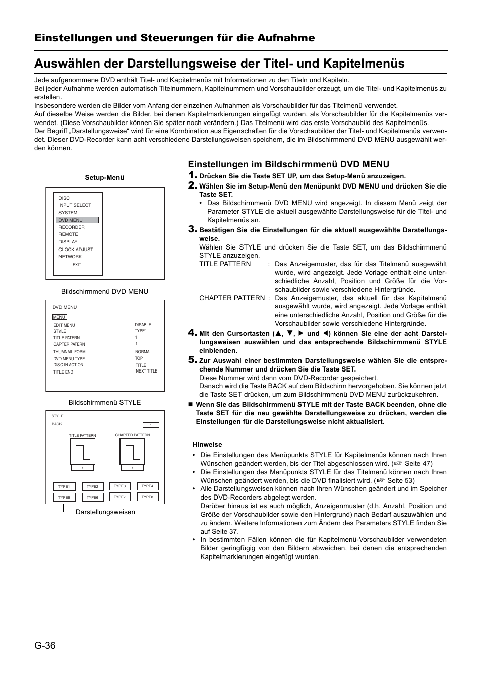 Einstellungen und steuerungen für die aufnahme, G-36, Einstellungen im bildschirmmenü dvd menu 1 | JVC BD-X201MS User Manual | Page 119 / 498