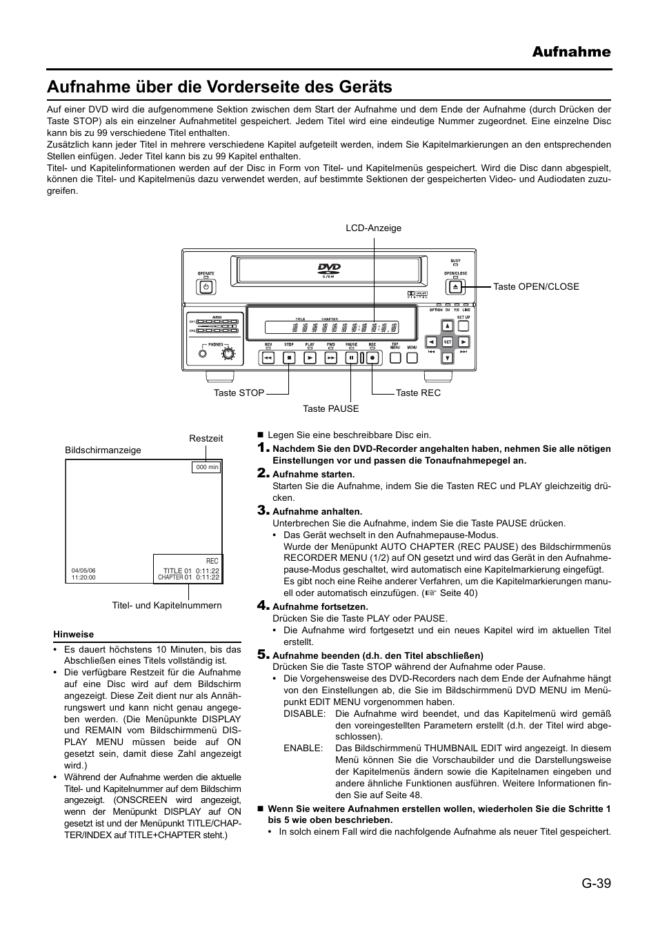 Aufnahme über die vorderseite des geräts, Aufnahme | JVC BD-X201MS User Manual | Page 122 / 498