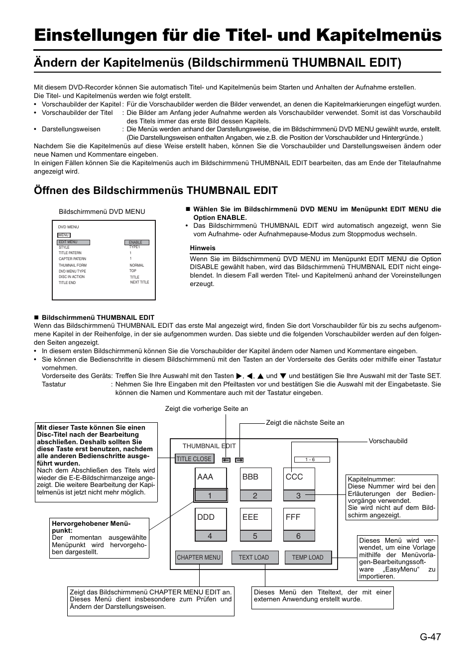 Einstellungen für die titel- und kapitelmenüs, Öffnen des bildschirmmenüs thumbnail edit | JVC BD-X201MS User Manual | Page 130 / 498