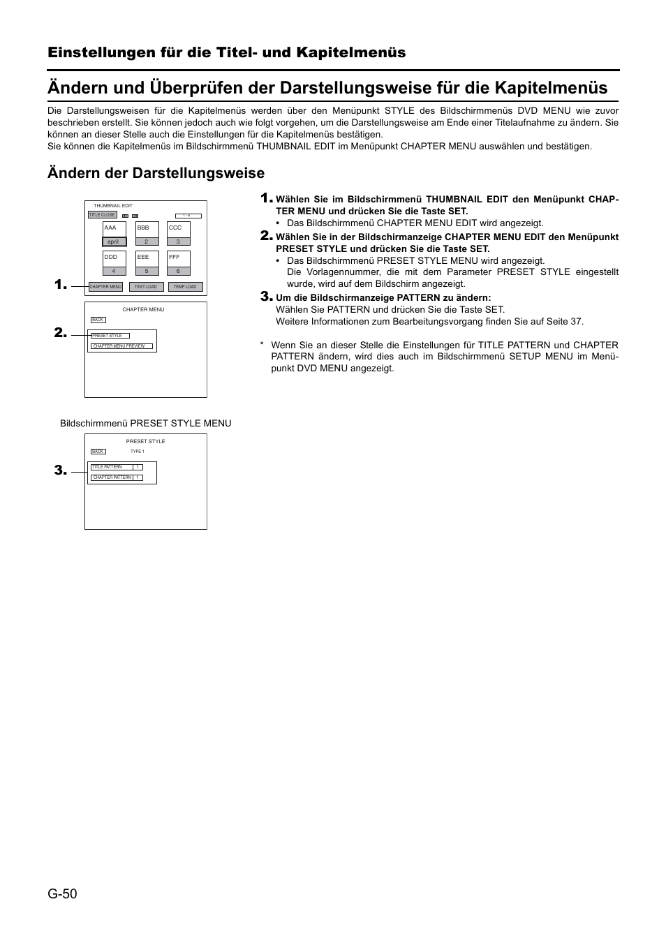 Einstellungen für die titel- und kapitelmenüs, Ändern der darstellungsweise, G-50 | JVC BD-X201MS User Manual | Page 133 / 498