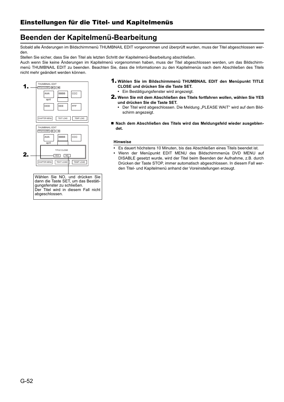 Beenden der kapitelmenü-bearbeitung, Einstellungen für die titel- und kapitelmenüs, G-52 | JVC BD-X201MS User Manual | Page 135 / 498