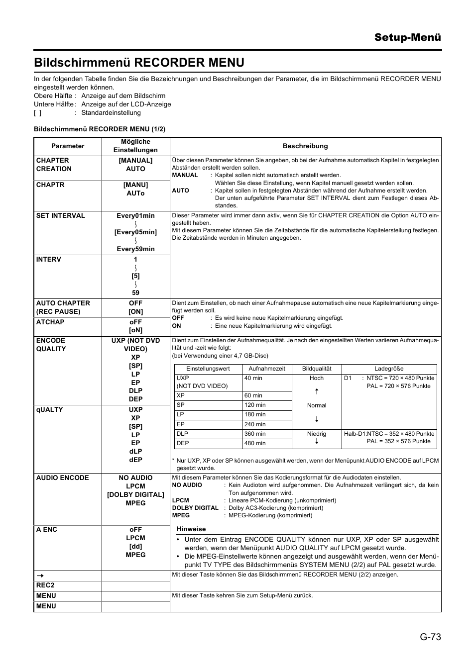 Bildschirmmenü recorder menu, Setup-menü | JVC BD-X201MS User Manual | Page 156 / 498