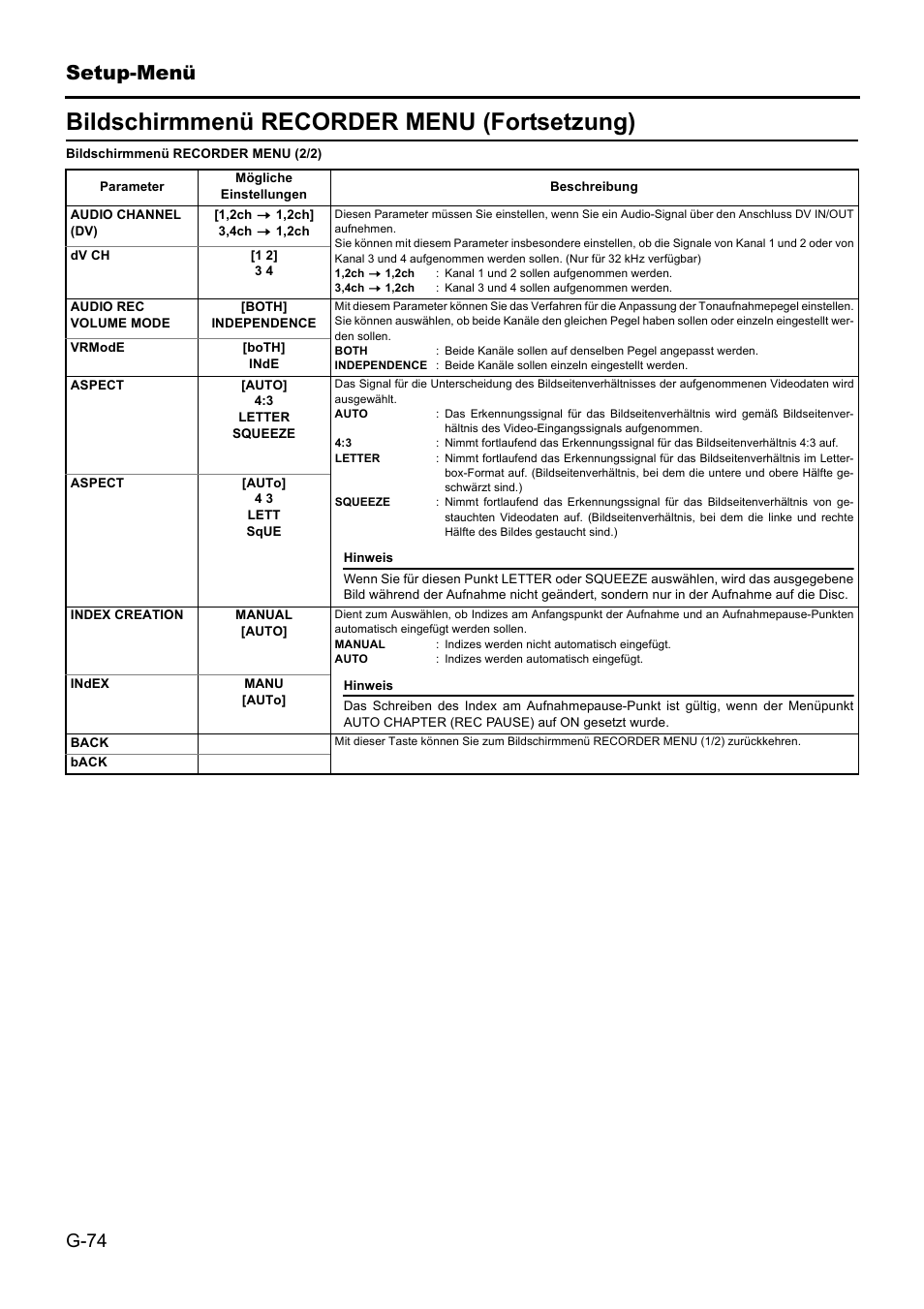 Bildschirmmenü recorder menu (fortsetzung), Setup-menü | JVC BD-X201MS User Manual | Page 157 / 498