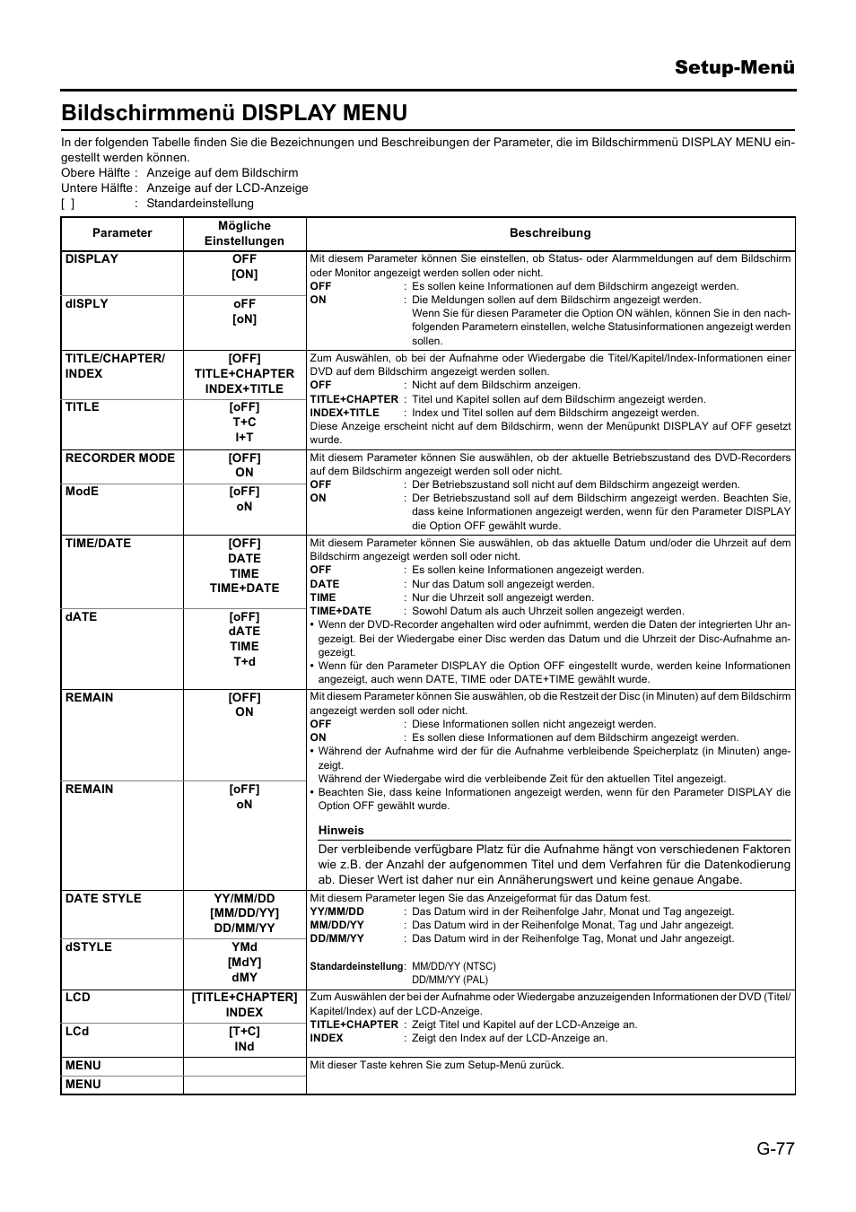 Bildschirmmenü display menu, Setup-menü | JVC BD-X201MS User Manual | Page 160 / 498