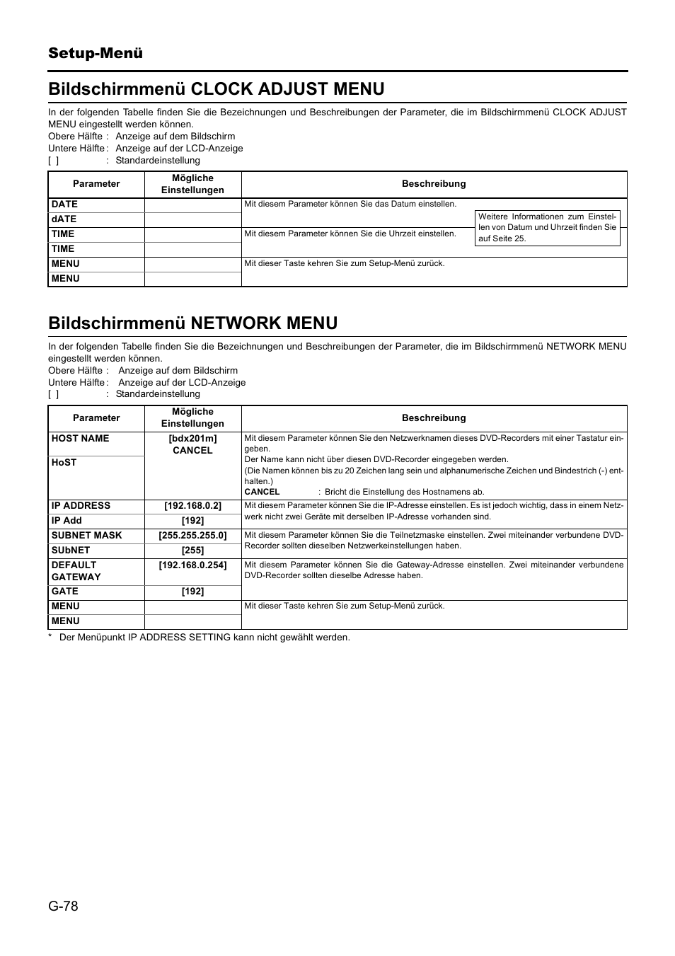 Bildschirmmenü clock adjust menu, Bildschirmmenü network menu, Setup-menü | JVC BD-X201MS User Manual | Page 161 / 498