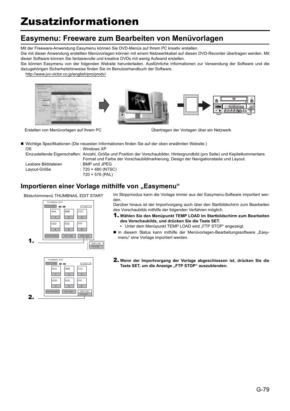 Zusatzinformationen, Easymenu: freeware zum bearbeiten von menüvorlagen, Importieren einer vorlage mithilfe von „easymenu | G-79 | JVC BD-X201MS User Manual | Page 162 / 498