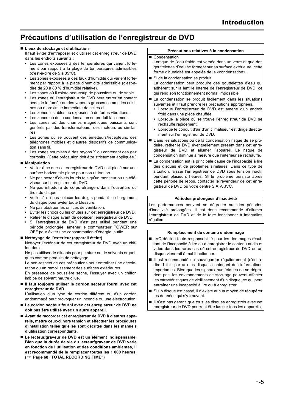 Précautions d’utilisation de l’enregistreur de dvd, Introduction | JVC BD-X201MS User Manual | Page 171 / 498