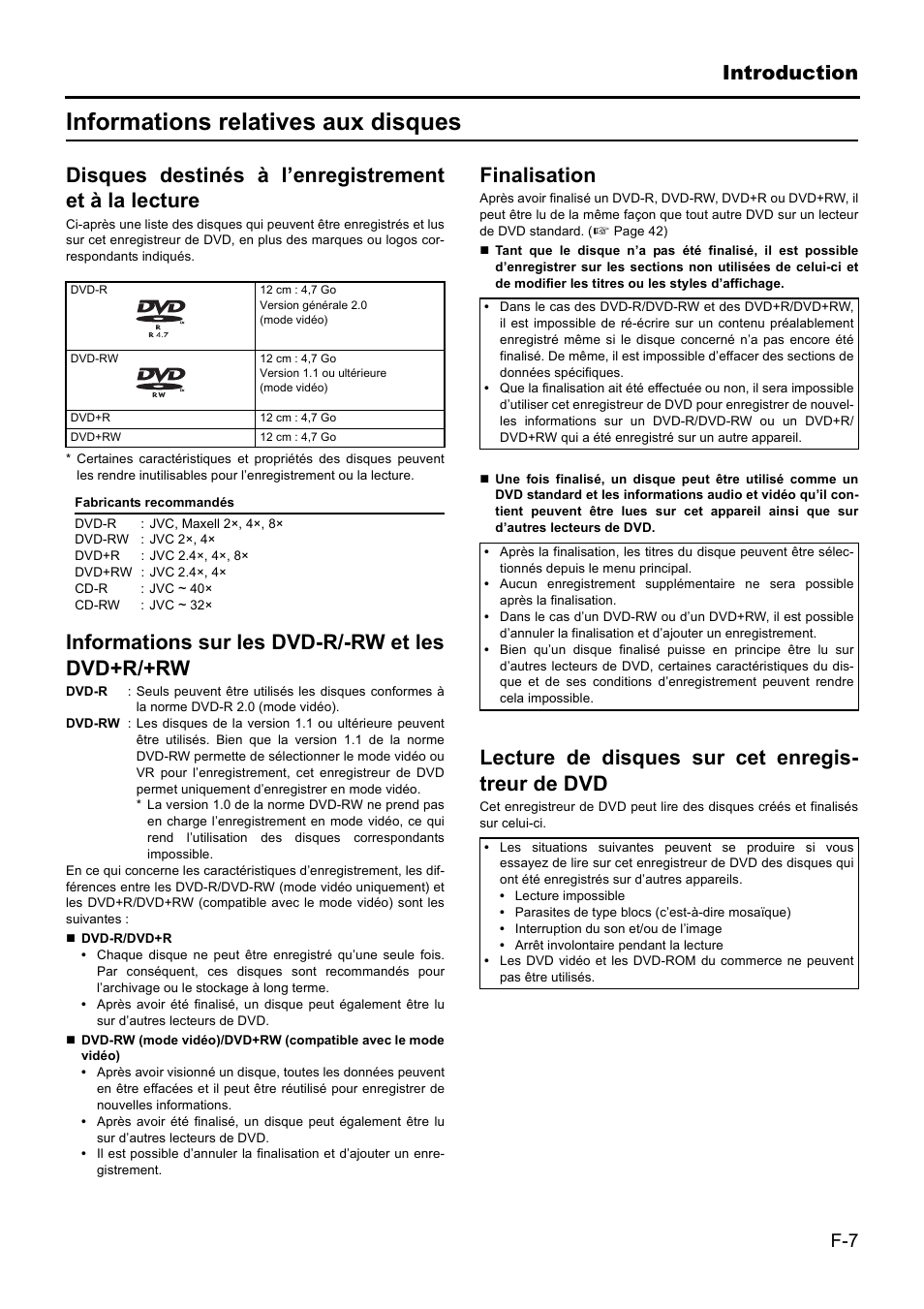 Informations relatives aux disques, Introduction, Informations sur les dvd-r/-rw et les dvd+r/+rw | Finalisation, Lecture de disques sur cet enregis- treur de dvd | JVC BD-X201MS User Manual | Page 173 / 498
