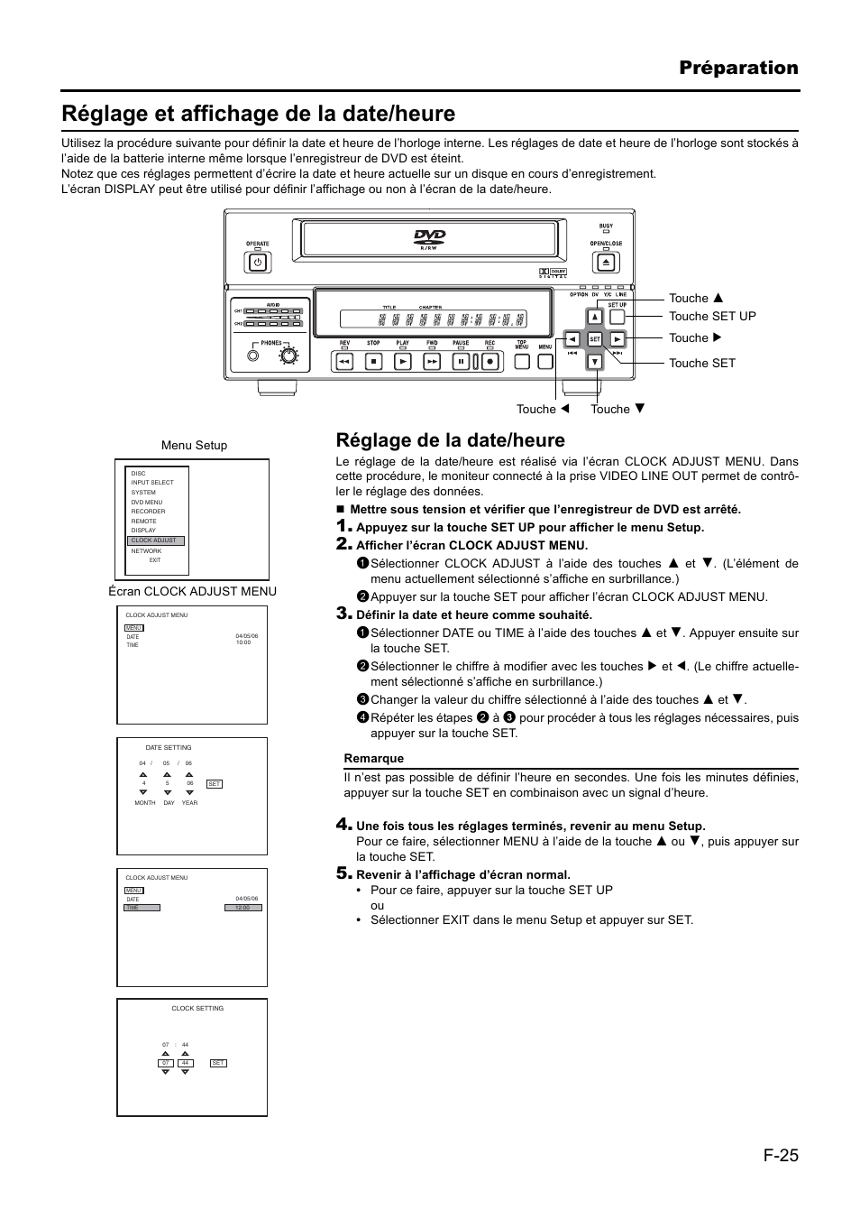 Réglage et affichage de la date/heure, Préparation, Réglage de la date/heure | F-25 | JVC BD-X201MS User Manual | Page 191 / 498
