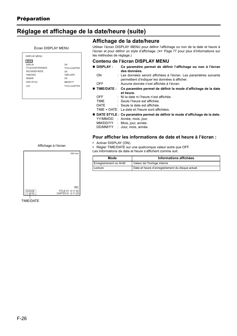 Réglage et affichage de la date/heure (suite), Préparation, Affichage de la date/heure | JVC BD-X201MS User Manual | Page 192 / 498