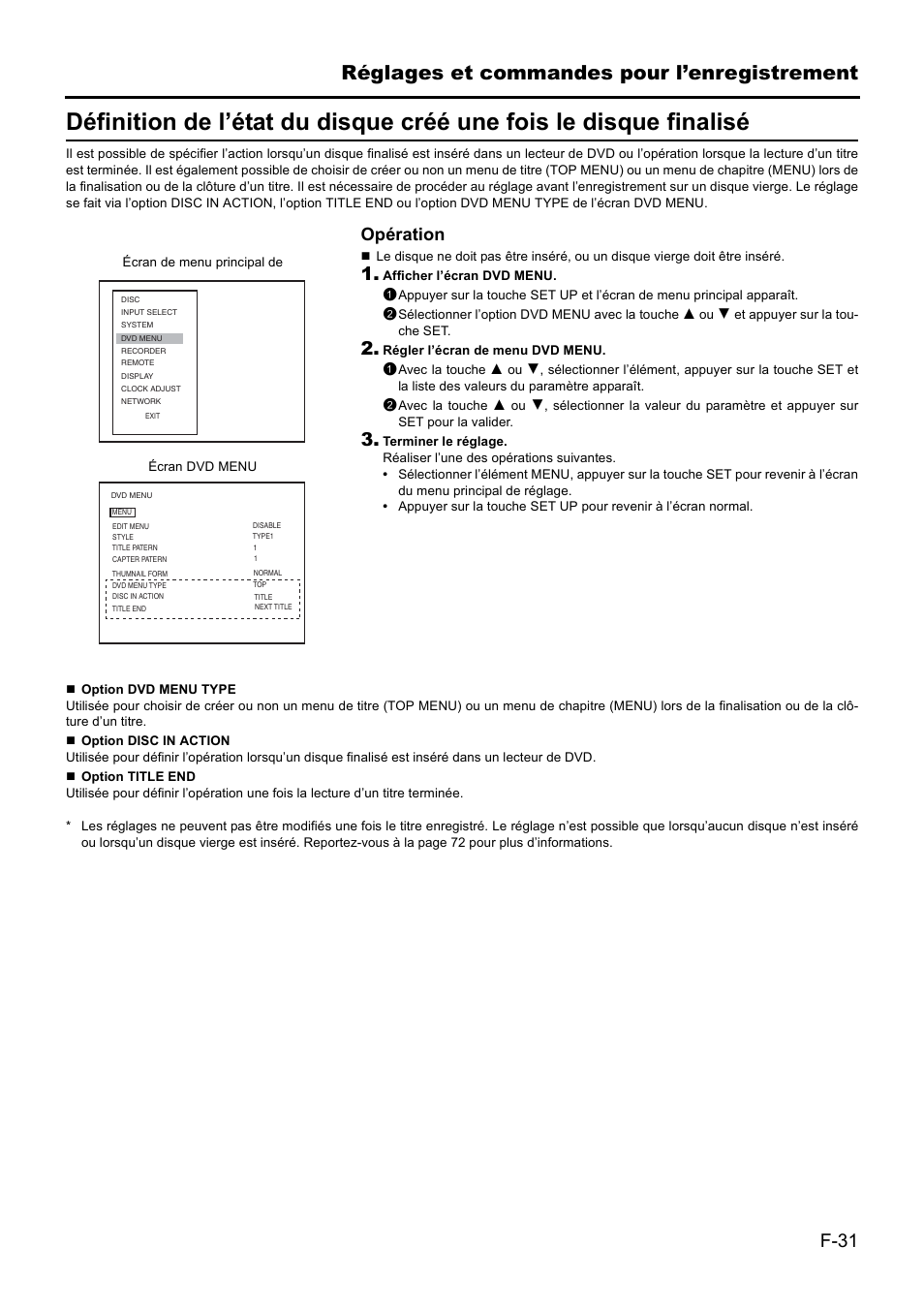 Réglages et commandes pour l’enregistrement, F-31, Opération | JVC BD-X201MS User Manual | Page 197 / 498