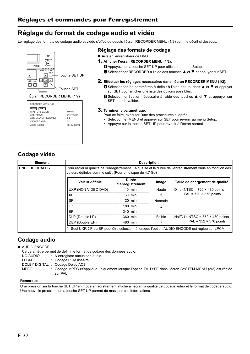 Réglage du format de codage audio et vidéo, Réglages et commandes pour l’enregistrement, Codage vidéo codage audio | JVC BD-X201MS User Manual | Page 198 / 498
